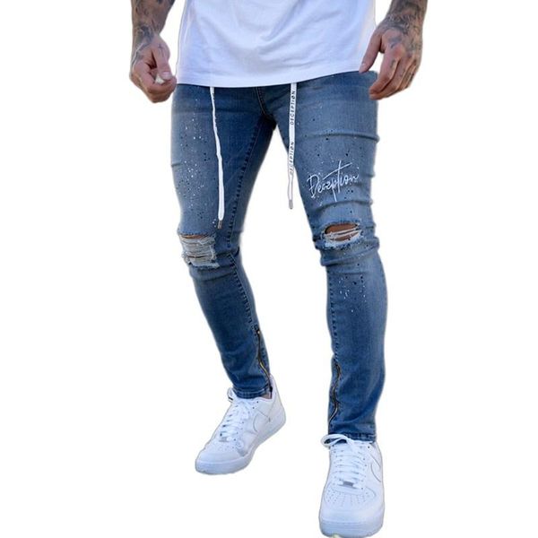 men's jeans embroidered letters stretch ripped biker men hip hop slim fit holes punk denim cotton pants zipper, Blue
men's jeans embroidered letters stretch ripped biker men hip hop slim fit holes punk denim cotton pants zipper, Blue