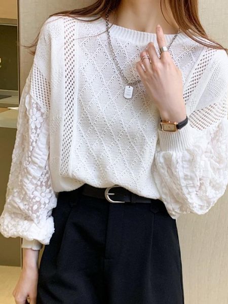 women's t-shirt design sense minority white sweater autumn clothing foreign style splicing lace long sleeve with bottom knit
women's t-shirt design sense minority white sweater autumn clothing foreign style splicing lace long sleeve with bottom knit