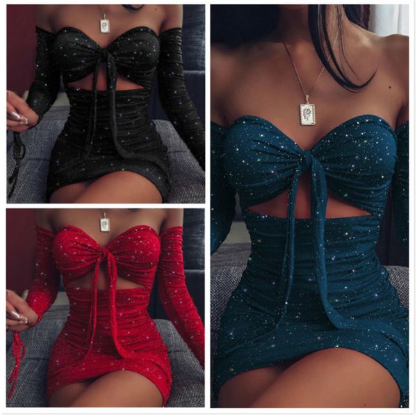 women dress designer glitter off shoulder bra bandage hollow long sleeve casual dresses lady mini above knee skirt, White
women dress designer glitter off shoulder bra bandage hollow long sleeve casual dresses lady mini above knee skirt, White