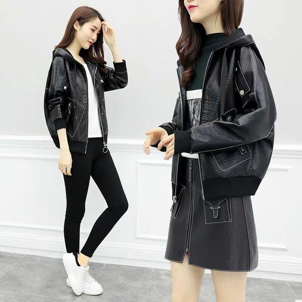 women's leather & faux hooded net red jacket womens 2021 spring autumn korean fashion short loose casual all-match pu coat female, Black
women's leather & faux hooded net red jacket womens 2021 spring autumn korean fashion short loose casual all-match pu coat female, Black