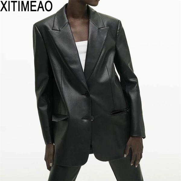 za women fashion faux leather loose blazers coat vintage long sleeve pockets back vents female outerwear chic 210930, White;black
za women fashion faux leather loose blazers coat vintage long sleeve pockets back vents female outerwear chic 210930, White;black