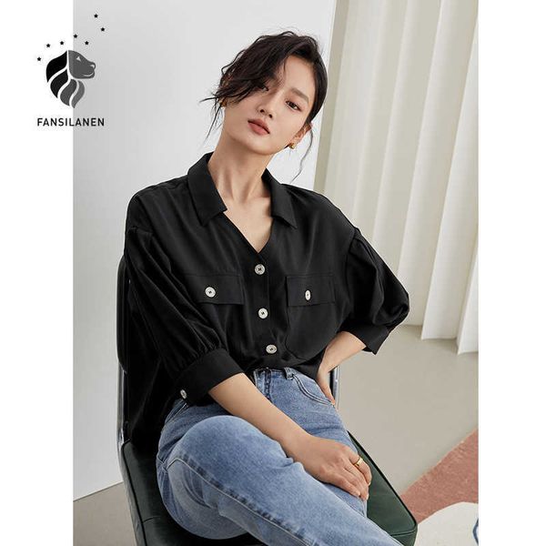 fansilanen office lady french v-neck pure white shirt summer loose lazy style three-quarter sleeve women 210607
fansilanen office lady french v-neck pure white shirt summer loose lazy style three-quarter sleeve women 210607