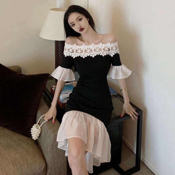 summer celebrity temperament shoulder lace stitched fishtail skirt medium length dress fashion, Black;gray
summer celebrity temperament shoulder lace stitched fishtail skirt medium length dress fashion, Black;gray