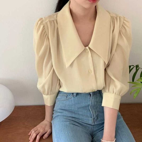 chic gentle summer fashion yellow single-breasted ruffled puff sleeve chiffon blouse women blusas mujer three quarter shirts 210610, White
chic gentle summer fashion yellow single-breasted ruffled puff sleeve chiffon blouse women blusas mujer three quarter shirts 210610, White