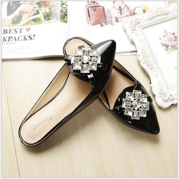 brand 2021 s patent leather rhinestone pointed toe flat woman slippers baotou loafers mules flip flops, Black
brand 2021 s patent leather rhinestone pointed toe flat woman slippers baotou loafers mules flip flops, Black