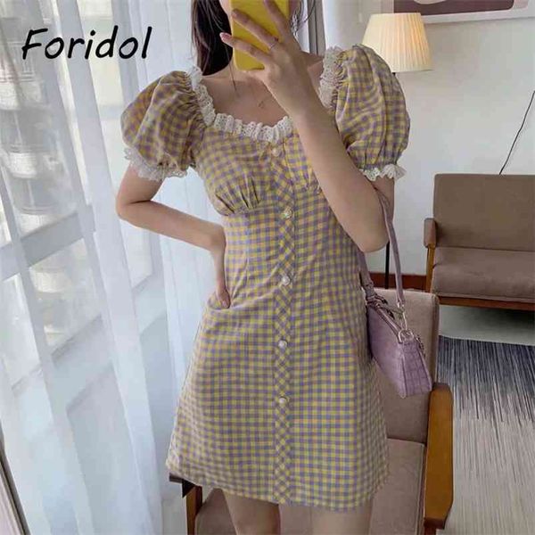 lace spliced vintage plaid summer dress women casual button up beach short yellow korean style 210427, Black;brown
lace spliced vintage plaid summer dress women casual button up beach short yellow korean style 210427, Black;brown