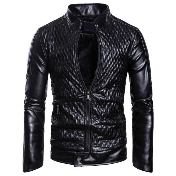 men's fur & faux plaid leather jacket casual male stand collar pu fashion zipper eu size sa982, Black