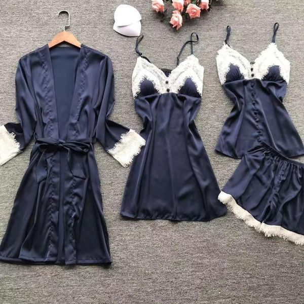 women's sleepwear autumn winter faux silk pajamas set women for sleeveless strap nightwear 4pcs robe sleep lounge set1 6zsz, Black;red
women's sleepwear autumn winter faux silk pajamas set women for sleeveless strap nightwear 4pcs robe sleep lounge set1 6zsz, Black;red