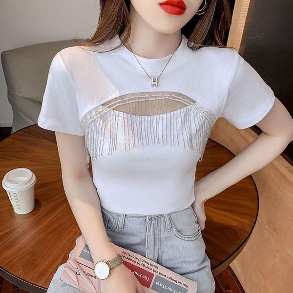 women's t-shirt trendy tassel hollow slim short 2021 personality sleeve solid color splicing, White
women's t-shirt trendy tassel hollow slim short 2021 personality sleeve solid color splicing, White