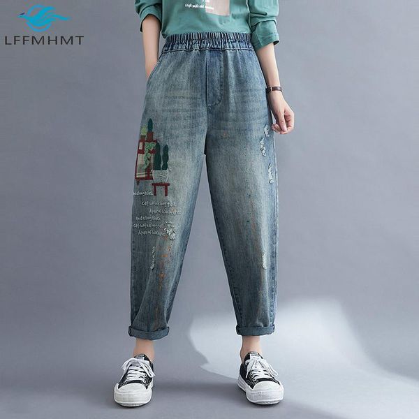 large size women denim pant spring fall vogue korean style ripped hole jeans office lady elastic waist embroidered harem trouser women', Blue
large size women denim pant spring fall vogue korean style ripped hole jeans office lady elastic waist embroidered harem trouser women', Blue