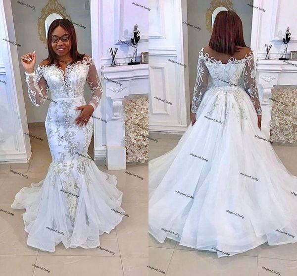 african functional wedding dresses with detachable train mermaid aso ebi plus size bridal gowns crystals beaded long sleeves, White
african functional wedding dresses with detachable train mermaid aso ebi plus size bridal gowns crystals beaded long sleeves, White