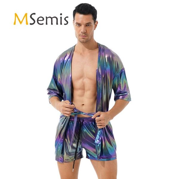 men's sleepwear mens two-piece shiny lounge pajamas set homewear nightwear half sleeve belted cardigan with drawstring shorts, Black;brown
men's sleepwear mens two-piece shiny lounge pajamas set homewear nightwear half sleeve belted cardigan with drawstring shorts, Black;brown