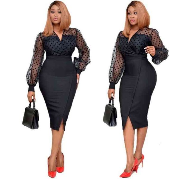 women polka dot panelled dress long sleeve v neck waist down dresses famale ol split clothes, Black;gray
women polka dot panelled dress long sleeve v neck waist down dresses famale ol split clothes, Black;gray