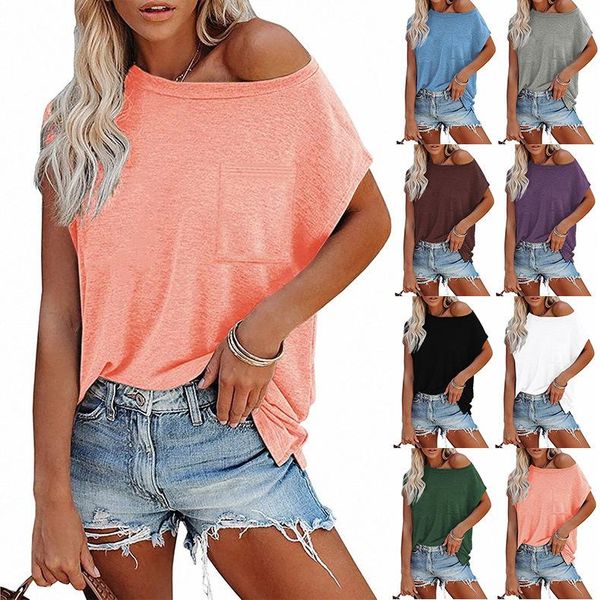 women's t-shirt 2021 summer solid color pocket off shoulder round neck short sleeve, White
women's t-shirt 2021 summer solid color pocket off shoulder round neck short sleeve, White