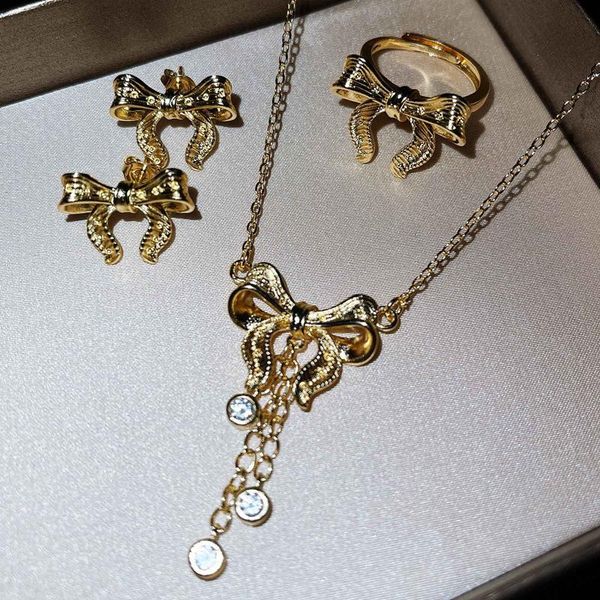 earrings & necklace 2021 trend bowknot ring exquisite tassel bow luxury pendant for women engagement wedding party gift, Silver 
earrings & necklace 2021 trend bowknot ring exquisite tassel bow luxury pendant for women engagement wedding party gift, Silver