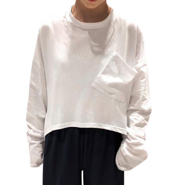women's t-shirt women loose round collar solid color pocket long sleeve casual simple wild short, White
women's t-shirt women loose round collar solid color pocket long sleeve casual simple wild short, White