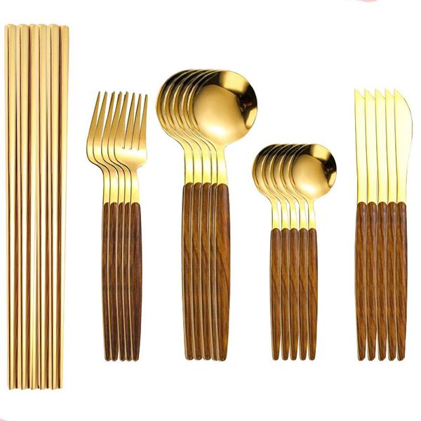 flatware sets covered golded stainless steel cutlery set with wooden handle kitchen dining table tableware spoon fork knife chopstick
flatware sets covered golded stainless steel cutlery set with wooden handle kitchen dining table tableware spoon fork knife chopstick