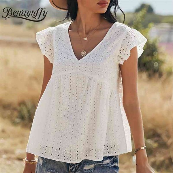 v-neck white hollow out cotton blouse women arrival summer flying sleeve casual ladies and blouses 210510
v-neck white hollow out cotton blouse women arrival summer flying sleeve casual ladies and blouses 210510