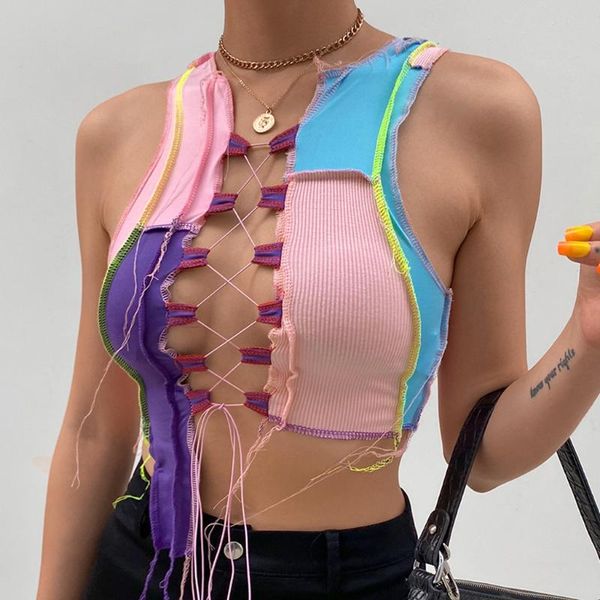 women patchwor vest summer fashion chic irregular straps lace up sleeveless t-shirt streetwear colorful short crop tank d7 women's, White
women patchwor vest summer fashion chic irregular straps lace up sleeveless t-shirt streetwear colorful short crop tank d7 women's, White