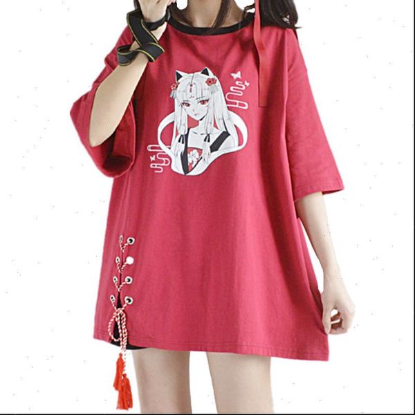 women t shirt harajuku streetwear cartoon fox demon devil print tassel lace up side short long kawaii tee, White
women t shirt harajuku streetwear cartoon fox demon devil print tassel lace up side short long kawaii tee, White