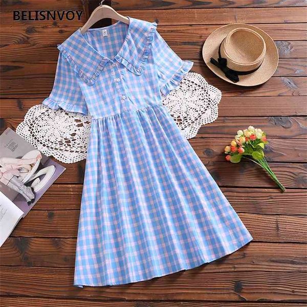 japanese lolita style summer women cute dress sailor collar blue yellow plaid loose flare sleeve girls kawaii es 210520, Black;gray
japanese lolita style summer women cute dress sailor collar blue yellow plaid loose flare sleeve girls kawaii es 210520, Black;gray