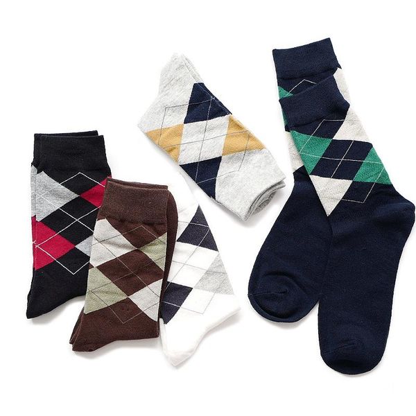 men's socks rhombus grid print soft pure cotton autumnn winter casual business sock comfortable breathable warm male, Black