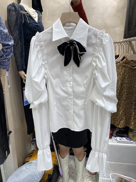 women's blouses & shirts french studded bow baise texture lantern sleeve straight tube slim shirt blouse women vintage long streetwear, White
women's blouses & shirts french studded bow baise texture lantern sleeve straight tube slim shirt blouse women vintage long streetwear, White