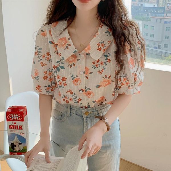 women's blouses & shirts #4093 spring summer vintage chiffon blouse women short puff sleeve neck orange flower pink print embrider, White
women's blouses & shirts #4093 spring summer vintage chiffon blouse women short puff sleeve neck orange flower pink print embrider, White