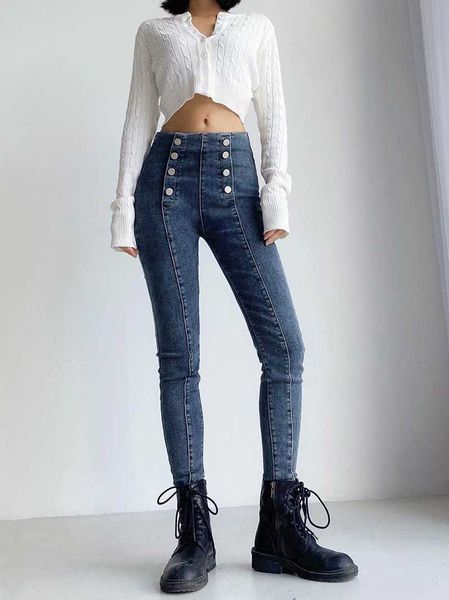 fashion jeans high waist women's street with stretch slim pants niche double breasted small feet able pencil, Blue
fashion jeans high waist women's street with stretch slim pants niche double breasted small feet able pencil, Blue