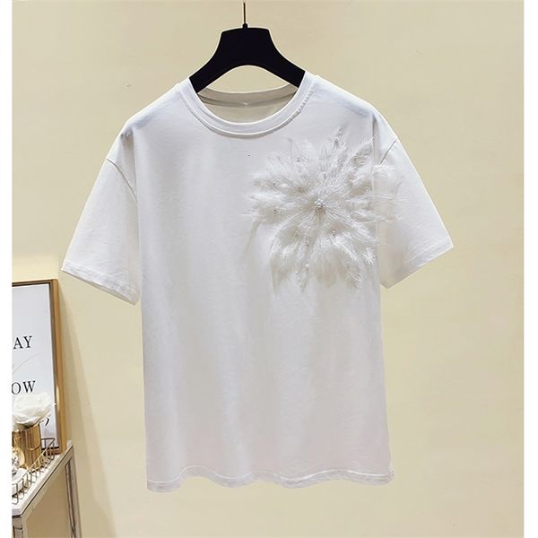 women's t-shirt fashion appliques lace flower beading cotton short sleeve t shirt woman elegant straight s-xl summer clothes, White
women's t-shirt fashion appliques lace flower beading cotton short sleeve t shirt woman elegant straight s-xl summer clothes, White