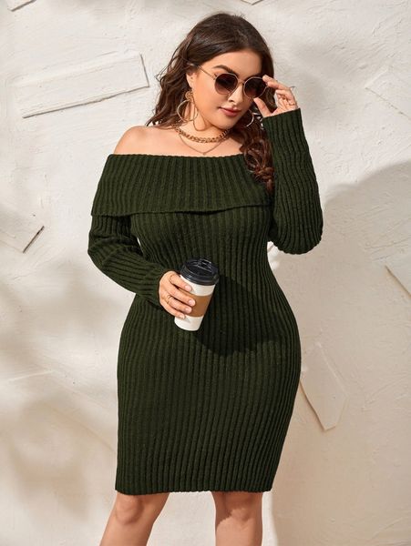plus off-shoulder fold over sweater dress 642r#, Black
