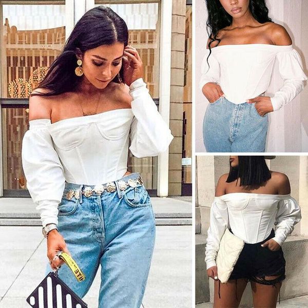 women's t-shirt 2021 summer solid off shoulder long sleeve short length casual t-shirts, White
women's t-shirt 2021 summer solid off shoulder long sleeve short length casual t-shirts, White