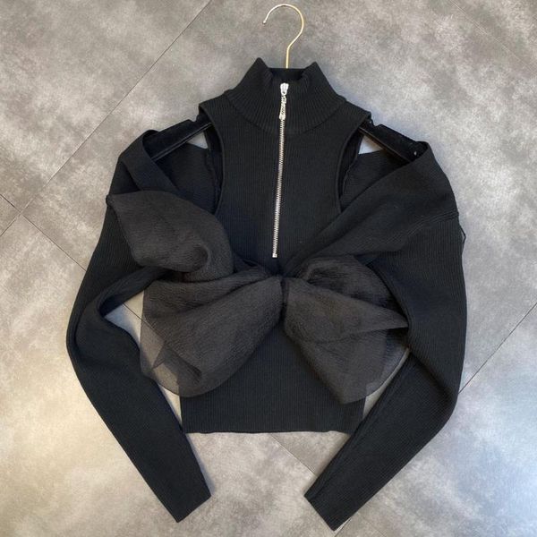 women's sweaters 2021 strapless women long-sleeved long zipper and yarn three-dimensional bow black sweater knitted, White;black
women's sweaters 2021 strapless women long-sleeved long zipper and yarn three-dimensional bow black sweater knitted, White;black