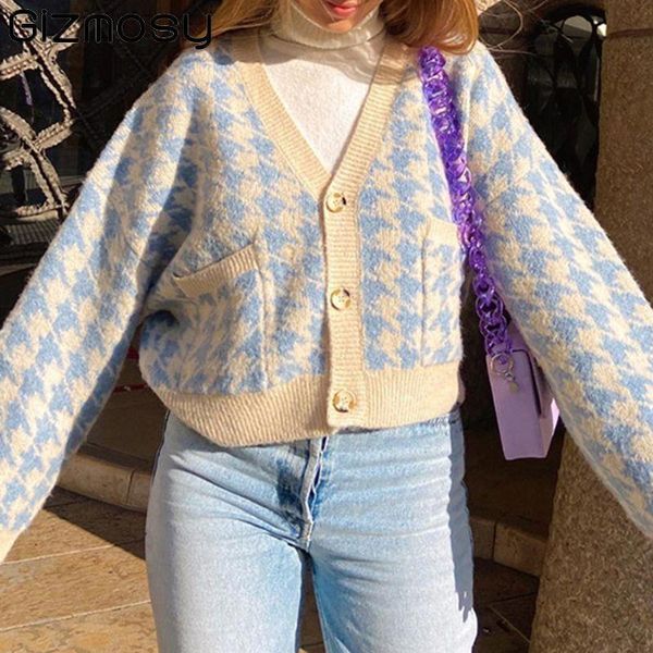 women's knits & tees gizmosy 2021 autumn winter houndstooth plaid print cardigan women v neck vintage knitted crop sweater casual loose, White
women's knits & tees gizmosy 2021 autumn winter houndstooth plaid print cardigan women v neck vintage knitted crop sweater casual loose, White
