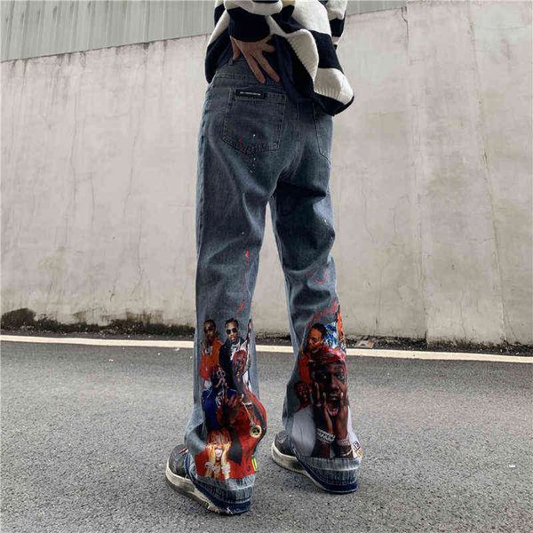 american hip hop hiphop figure print pierced jeans men's loose straight high street micro flared pants, Blue
american hip hop hiphop figure print pierced jeans men's loose straight high street micro flared pants, Blue