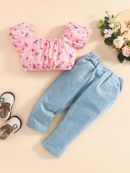 baby floral print puff sleeve & tapered pants she, White