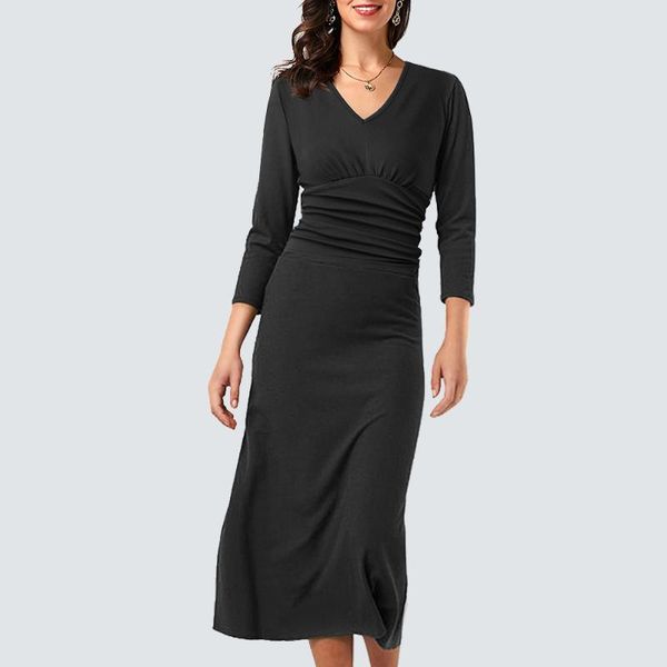 casual dresses women elegant charming solid color 3/4 sleeve v neck ruched slim straight midi dress 1ha235, Black;gray
casual dresses women elegant charming solid color 3/4 sleeve v neck ruched slim straight midi dress 1ha235, Black;gray
