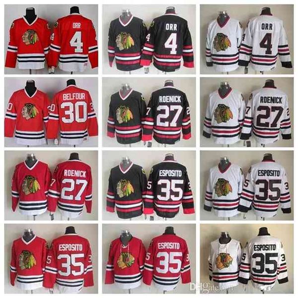 

goodjjob Chicago Blackhawks 4 Bobby Orr Jersey Men Hockey 35 Tony Esposito 27 Jeremy Roenick 30 Ed Belfour Vintage CCM Black White Red, Colour 1