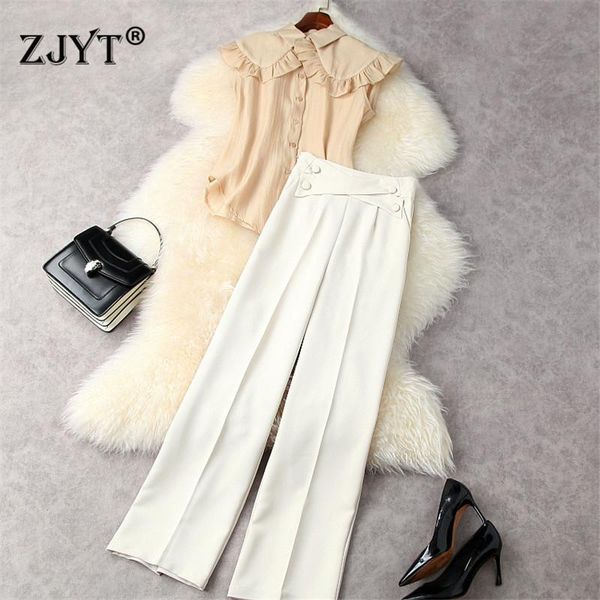 runway fashion summer outfits women designers sleeveless ruffles loose shirt and wide leg pants suit set office lady twinset women's tw, White
runway fashion summer outfits women designers sleeveless ruffles loose shirt and wide leg pants suit set office lady twinset women's tw, White