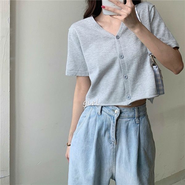 women's t-shirt 6 colors new summer women casual solid loose v-neck short sleeve knitted t-shirts female chic button sports c, White
women's t-shirt 6 colors new summer women casual solid loose v-neck short sleeve knitted t-shirts female chic button sports c, White