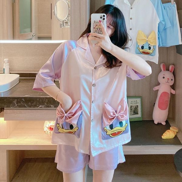 2pcs daisy pajamas female summer short sleeved pants silk cardigan sleepwear home clothing, White
2pcs daisy pajamas female summer short sleeved pants silk cardigan sleepwear home clothing, White