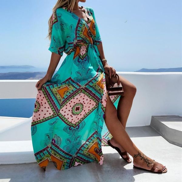 casual dresses women dress fashion print v neck summer high split lace-up boho beachwear evening party long sundres, Black;gray
casual dresses women dress fashion print v neck summer high split lace-up boho beachwear evening party long sundres, Black;gray