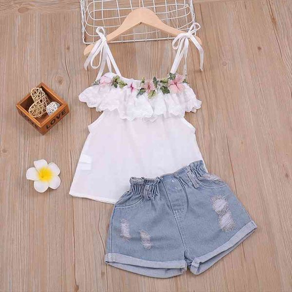 2 7y summer lovely infant girls clothes sets flowers sleeveless belt vest blue denim shorts, White
2 7y summer lovely infant girls clothes sets flowers sleeveless belt vest blue denim shorts, White
