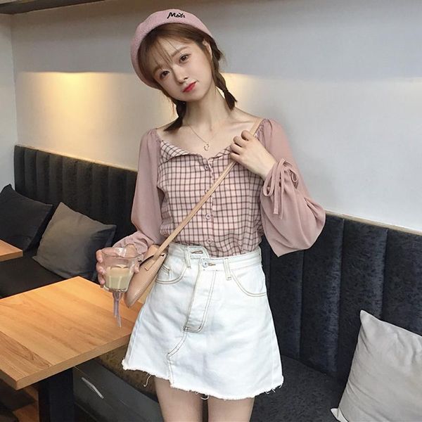 women's blouses & shirts sweet preppy style pink plaid women 2021 elegant backless lantern long sleeve fresh slim all-match female, White
women's blouses & shirts sweet preppy style pink plaid women 2021 elegant backless lantern long sleeve fresh slim all-match female, White