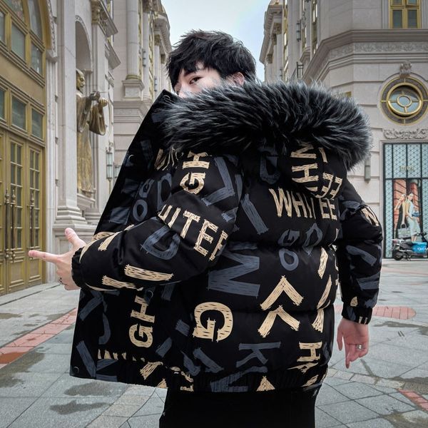 men's down & parkas big fur collar downs padded jacket men 2022 new winter trend short jackets thick printing hooded winters warm cotto, Black 
men's down & parkas big fur collar downs padded jacket men 2022 new winter trend short jackets thick printing hooded winters warm cotto, Black