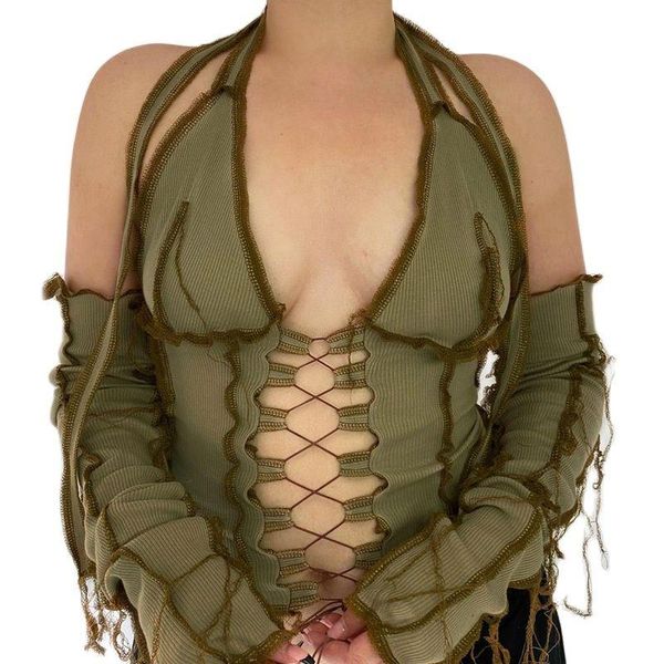 women's t-shirt the backless halter ribbed tie front women long sleeve hollow out lace up t shirts patchwork bodycon y2k crop, White
women's t-shirt the backless halter ribbed tie front women long sleeve hollow out lace up t shirts patchwork bodycon y2k crop, White