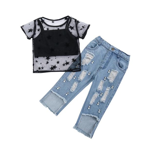 clothing sets 3pcs fashion summer infant girls casual outfits pentagram see-through mesh t-shirt+tank pearl ripped jeans kids clothes, White
clothing sets 3pcs fashion summer infant girls casual outfits pentagram see-through mesh t-shirt+tank pearl ripped jeans kids clothes, White