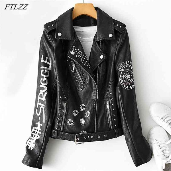spring autumn women graffiti print pu faux leather jacket with belt streetwear female moto biker rivet coat outwear 210430, Black
spring autumn women graffiti print pu faux leather jacket with belt streetwear female moto biker rivet coat outwear 210430, Black