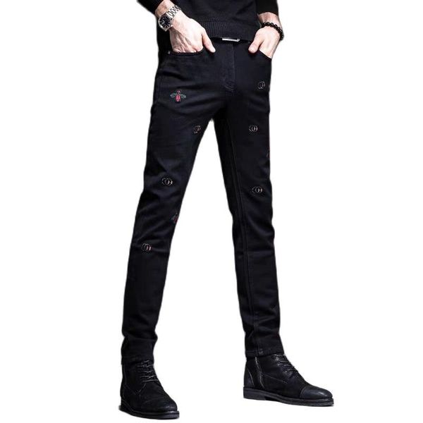 men's jeans autumn 2021 fashion pencil pants brand slim feet spring embroidery skinny men fit korean style trousers, Blue
men's jeans autumn 2021 fashion pencil pants brand slim feet spring embroidery skinny men fit korean style trousers, Blue