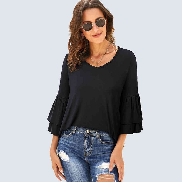 knits autumn casual solid color soft t shirt basic ruffle sleeve elegant fashion women ht056, White
knits autumn casual solid color soft t shirt basic ruffle sleeve elegant fashion women ht056, White